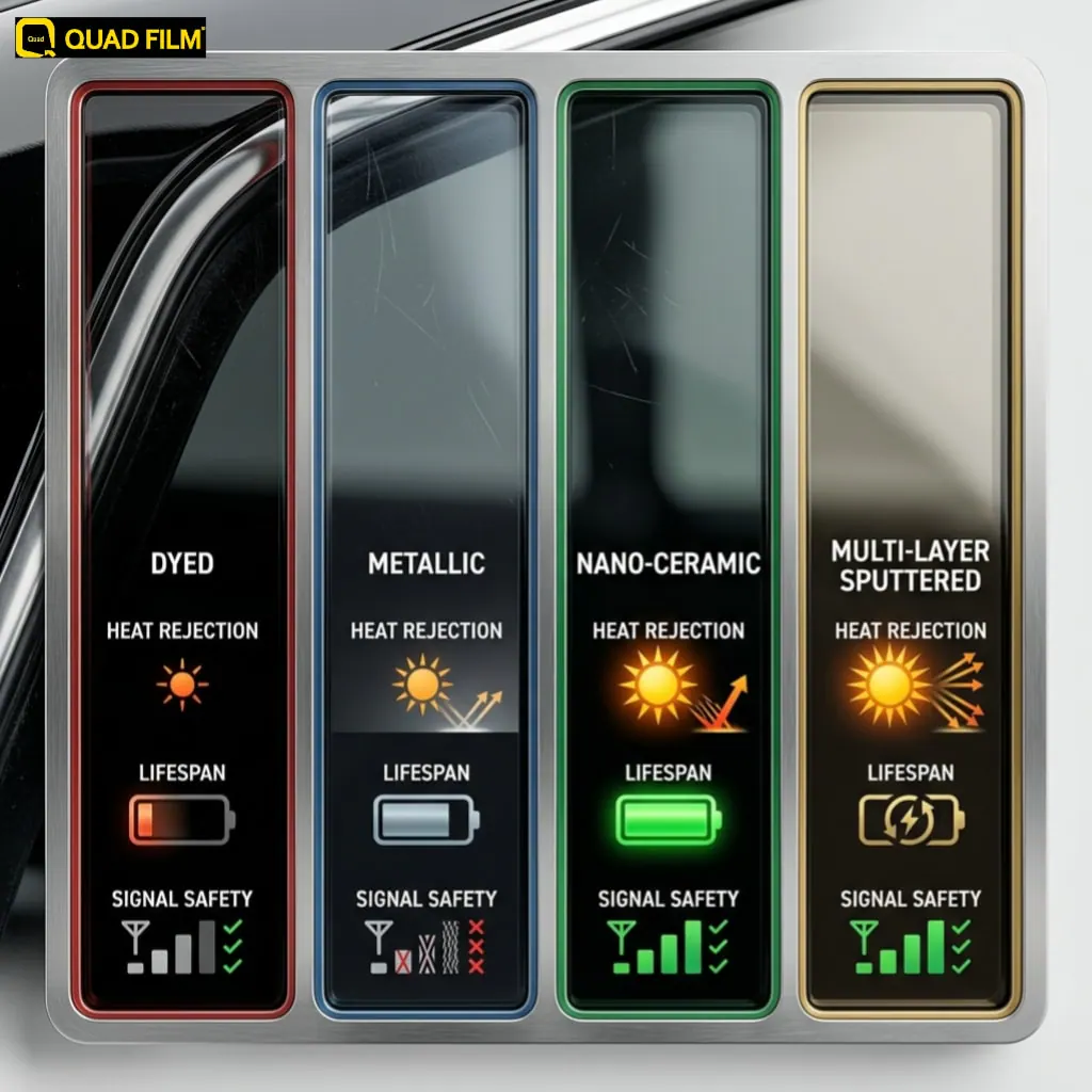 "Car tint types compared on heat, lifespan, and signal safety."