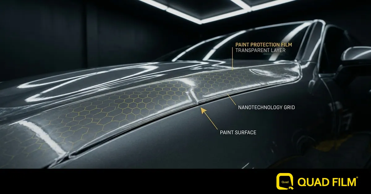 paint protection film being peeled back by an installer to reveal glossy car paint in a Malaysian workshop