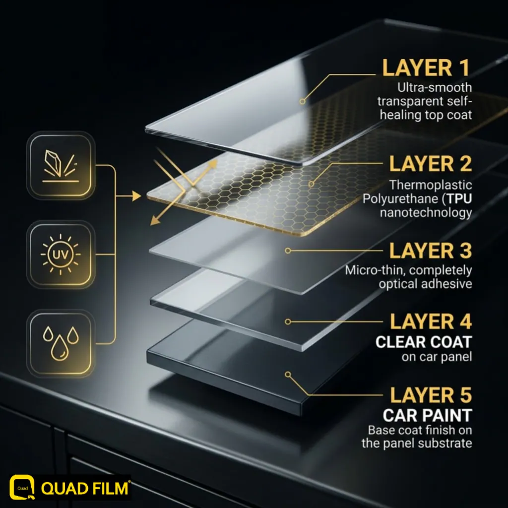 paint protection film cross-section diagram showing how TPU layers shield car paint from stone chips UV rays and scratches