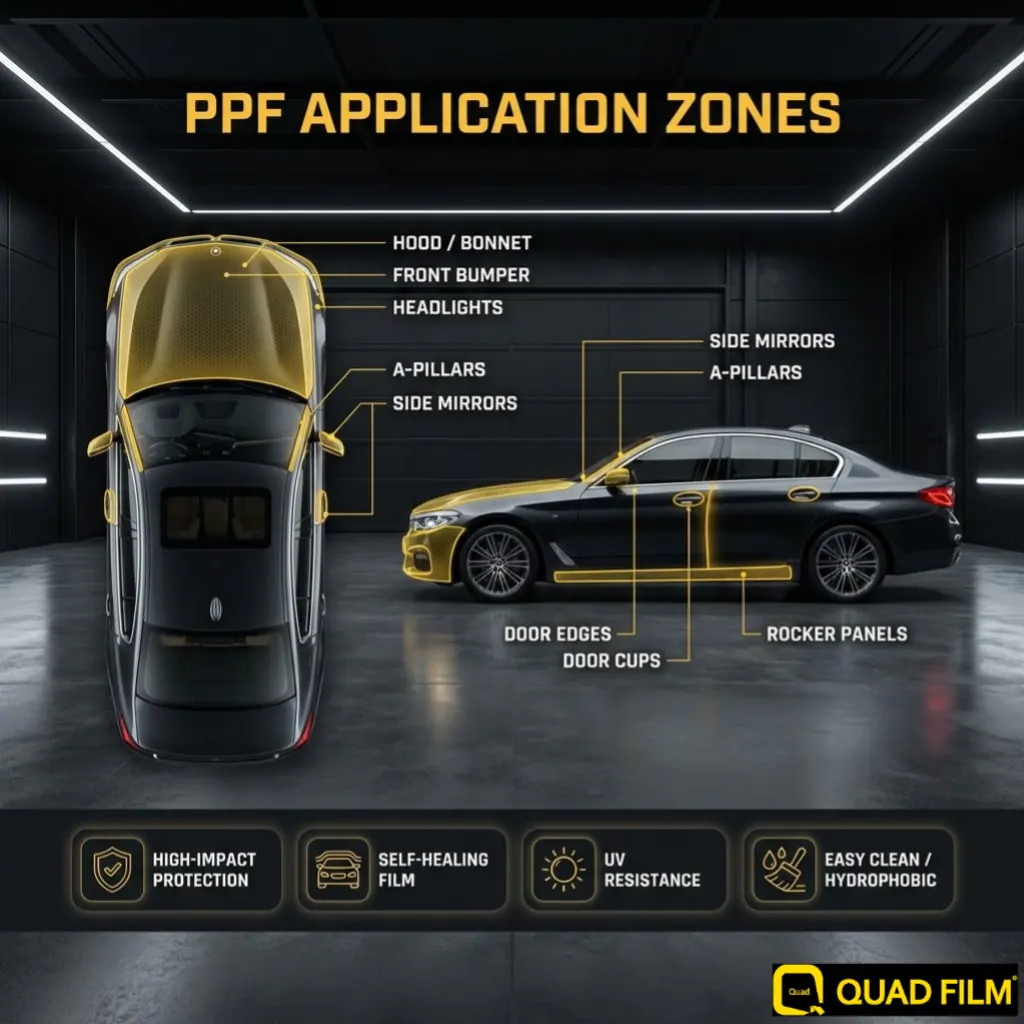 diagram showing where to apply paint protection film on a car including bumper bonnet mirrors door edges and headlights