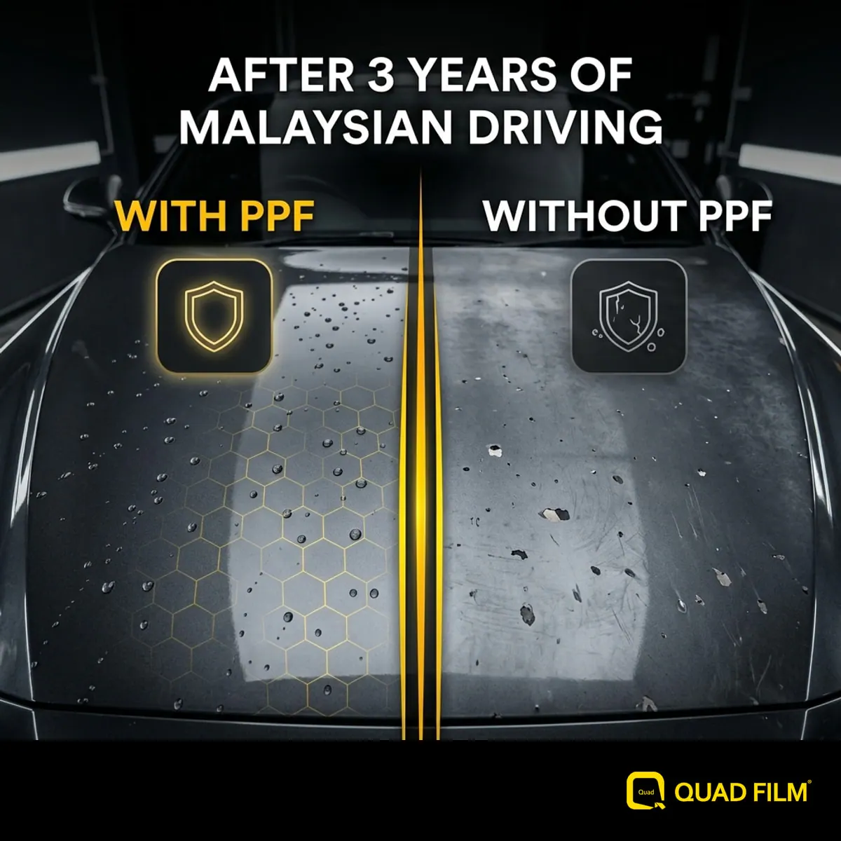 paint protection film comparison showing protected car paint with water beading versus unprotected faded paint with stone chips in Malaysia