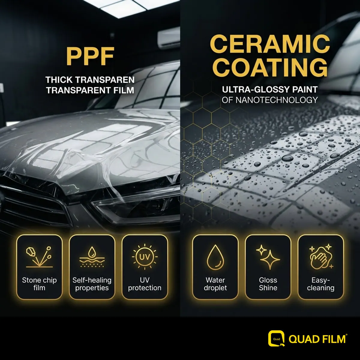 ppf vs ceramic coating side-by-side comparison showing physical film barrier versus chemical hydrophobic layer for car paint protection