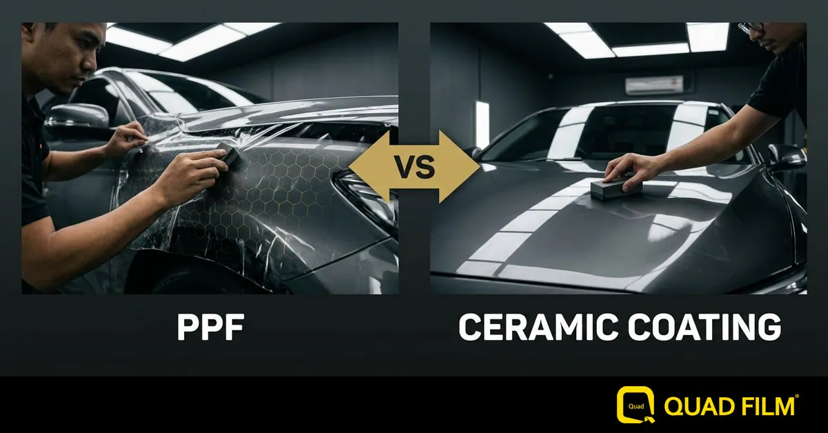 ppf vs ceramic coating malaysia comparison showing film application versus liquid coating on a car bonnet in a detailing studio