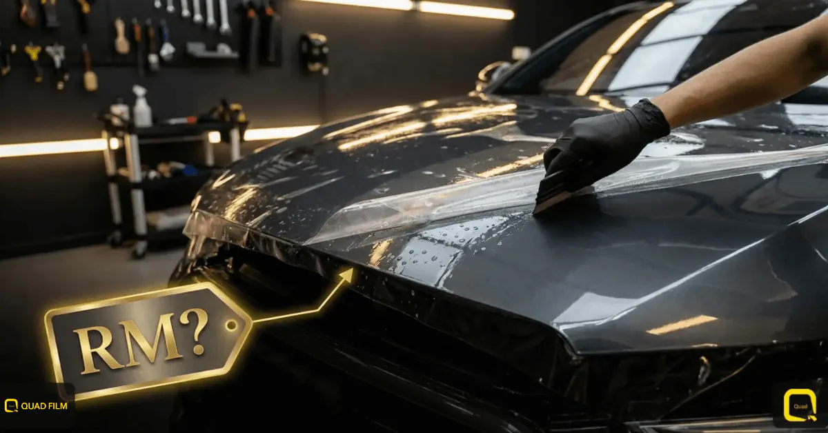 ppf price malaysia guide showing paint protection film being applied to a car bonnet with cost indicator