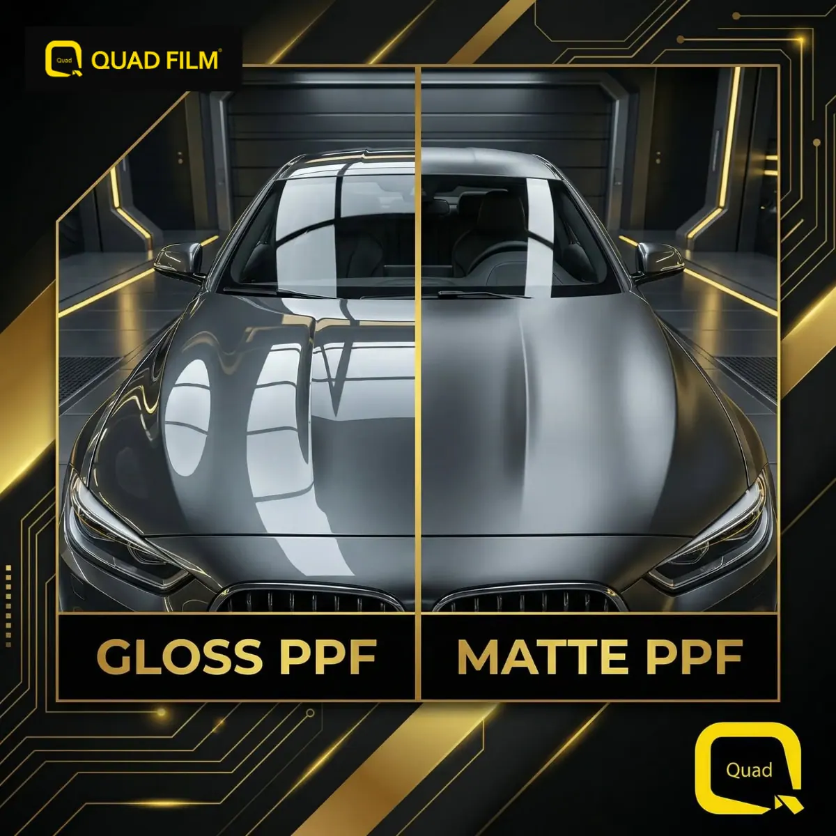 Matte PPF finish compared to gloss PPF on the same dark grey car bonnet showing the difference in reflectivity