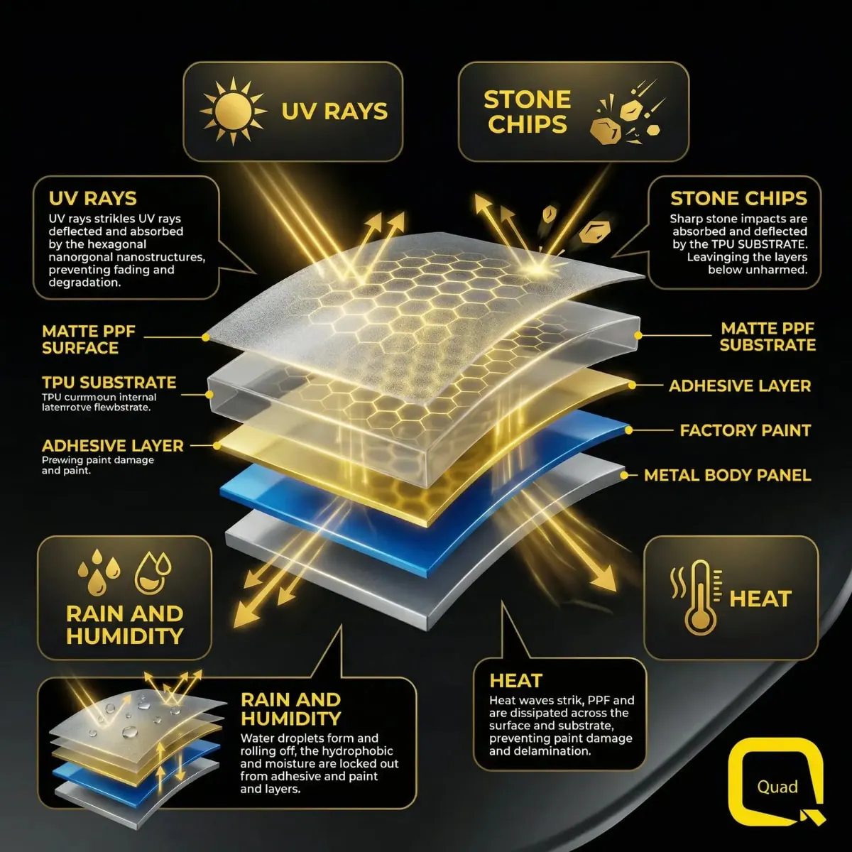 Matte PPF protection diagram showing how the film shields car paint from UV rays, stone chips, rain and heat in Malaysia