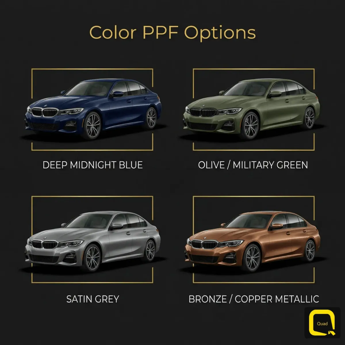 Color PPF options available in Malaysia showing midnight blue, olive green, satin grey and bronze car finishes