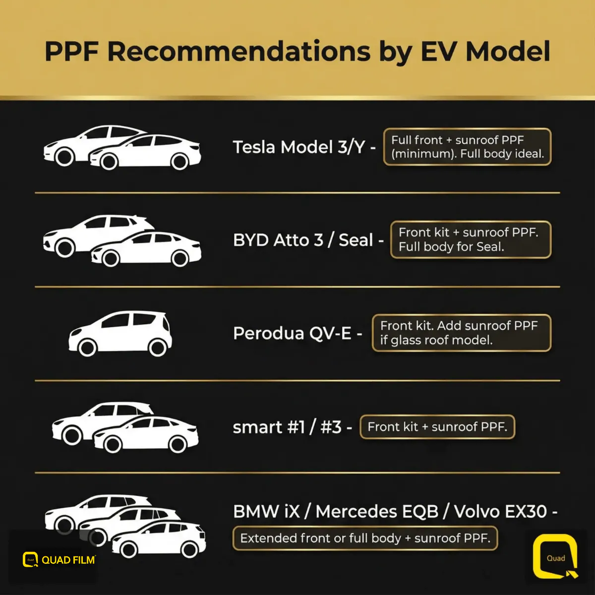 PPF for electric car recommendations by popular EV model in Malaysia