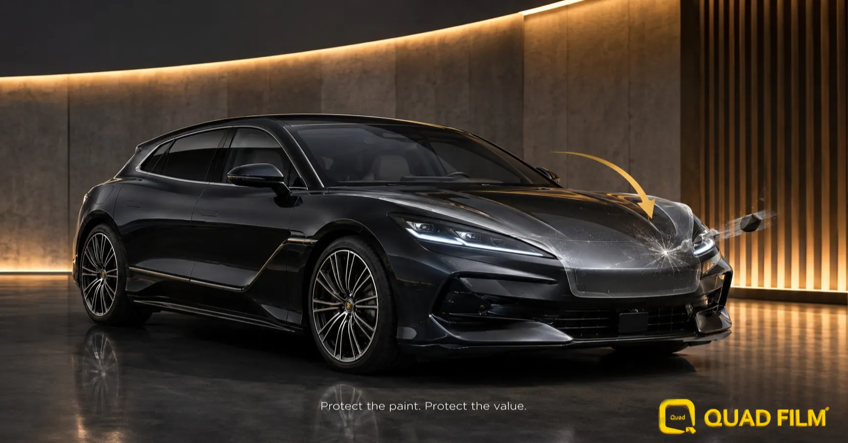 Denza Z9GT PPF resale value shown by a protective film shield deflecting a stone chip on a premium EV's paint