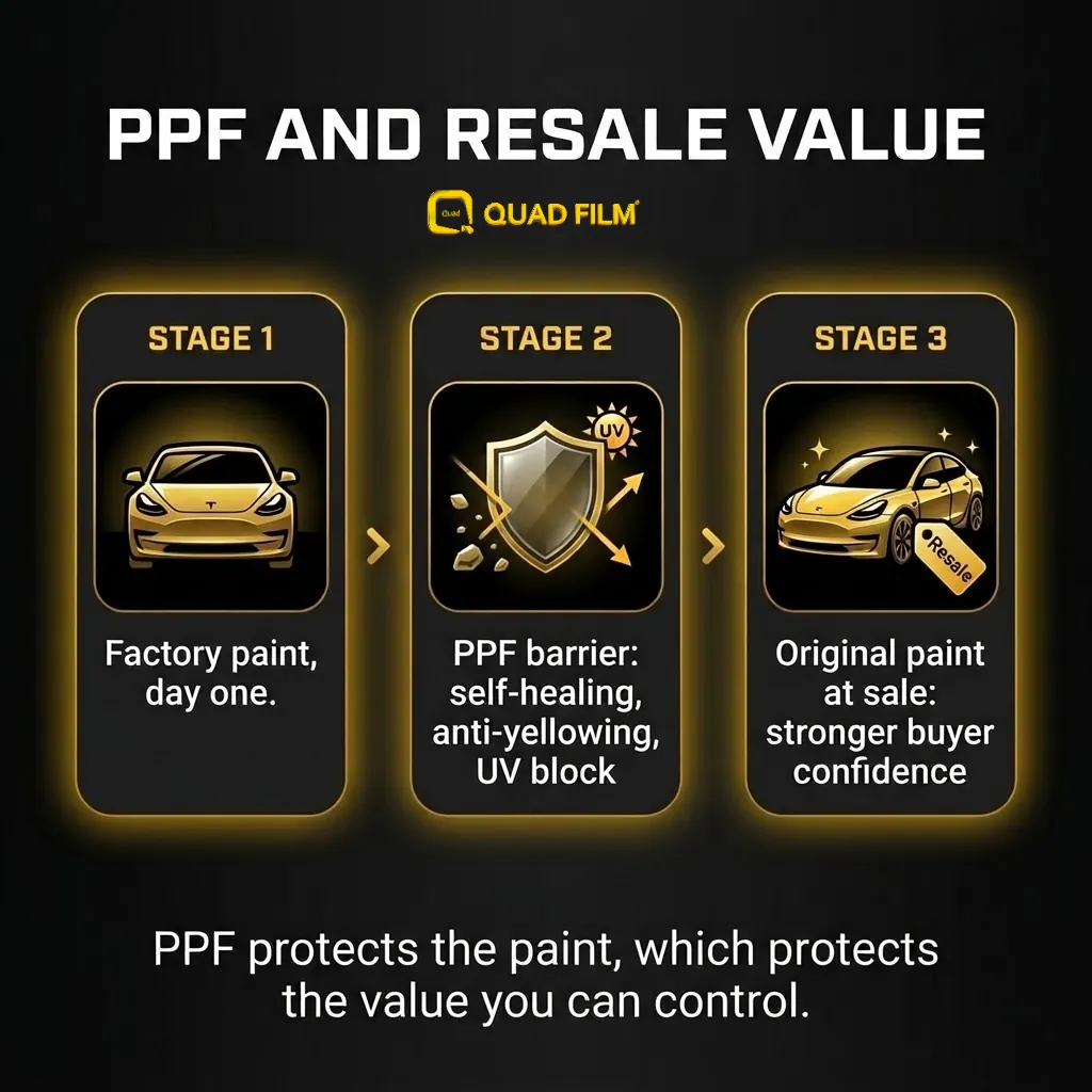 Denza Z9GT PPF resale value flow from factory paint to a protective film barrier to original paint at sale