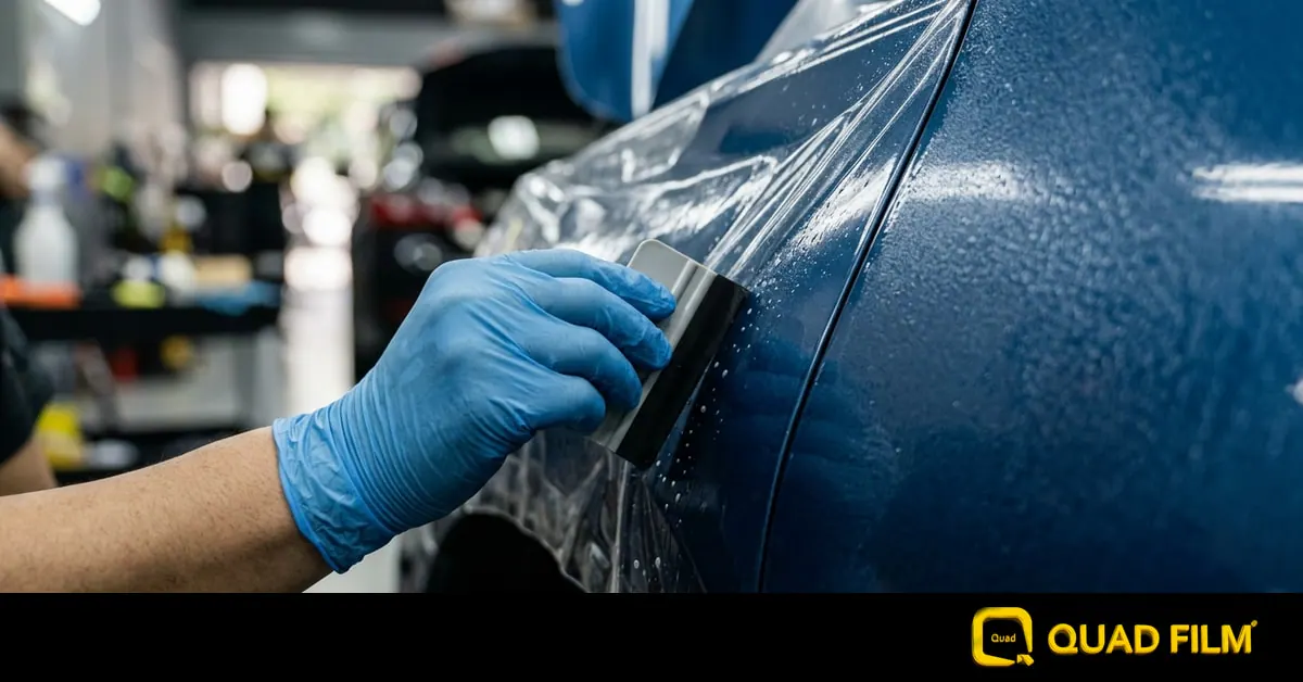 A cinematic view of the Quad Film Sunway workshop in Malaysia, showing a car with high-quality paint protection film being installed.