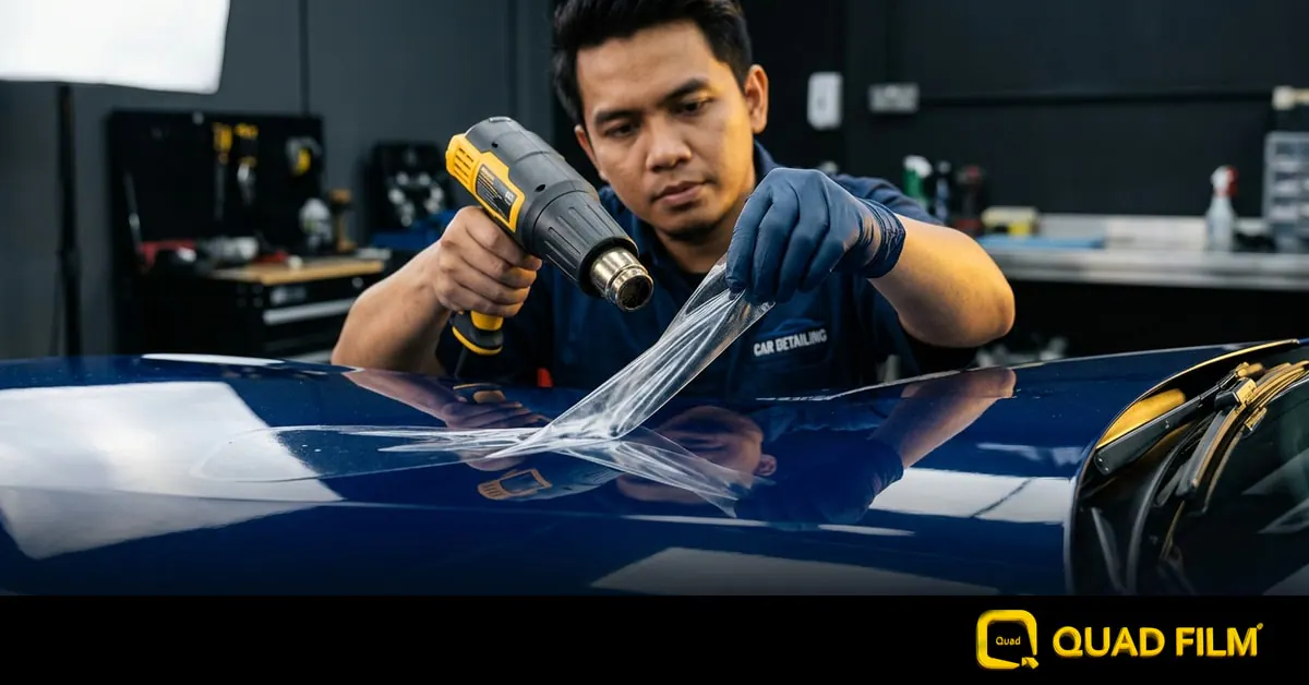 Detailer safely heat-peeling clear PPF from a glossy car panel