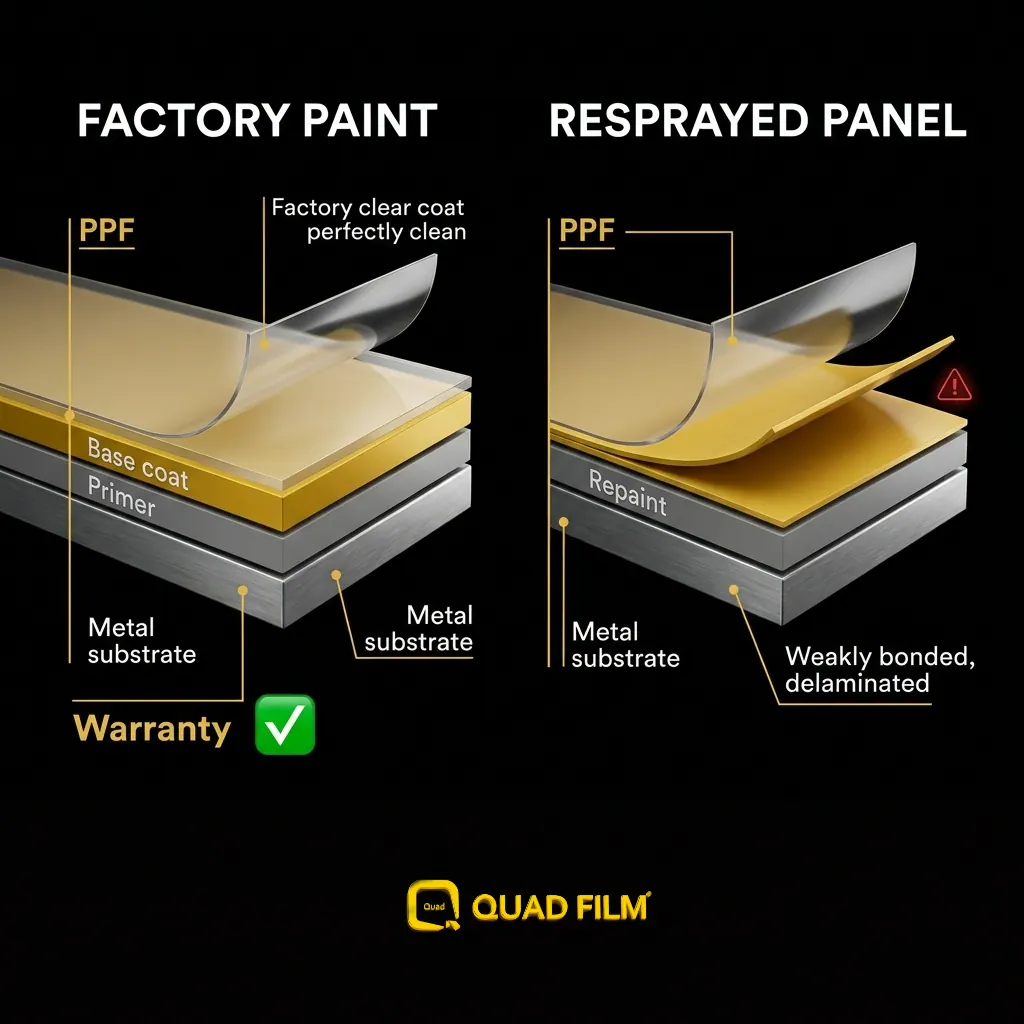 Cross-section comparing PPF removal on factory paint versus a resprayed panel