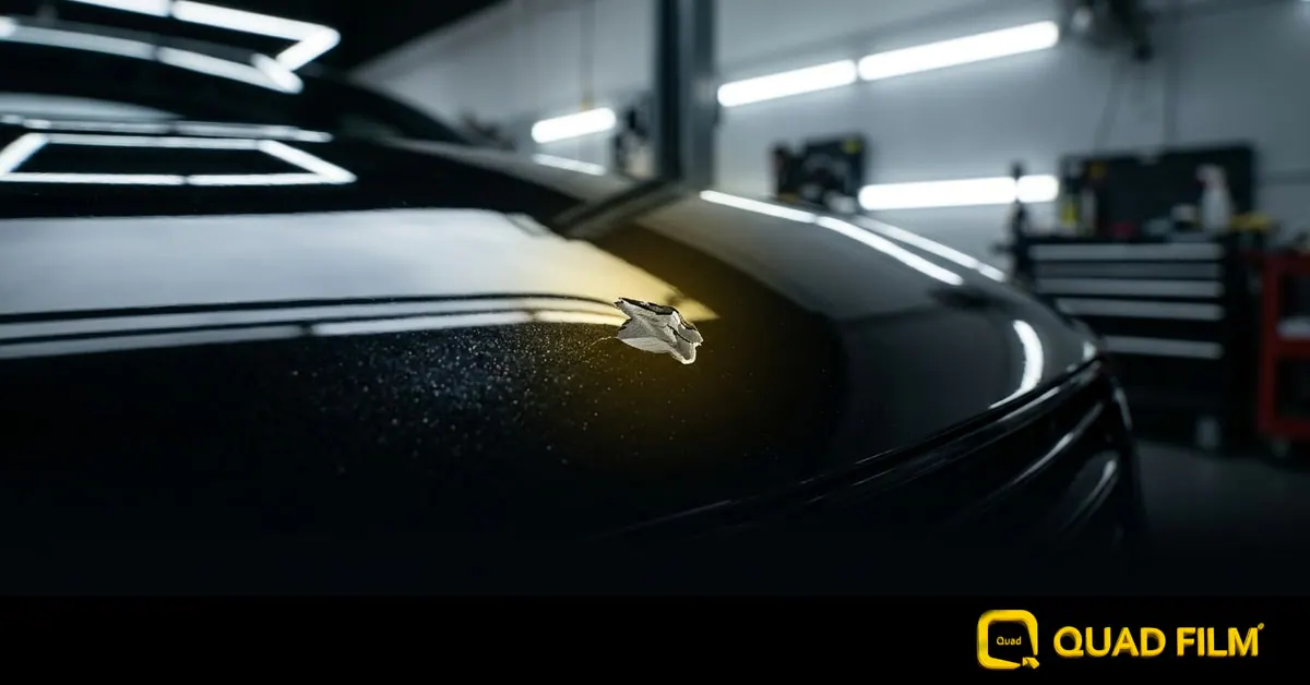Close-up of a minor stone chip on a nearly new car bonnet in Malaysia