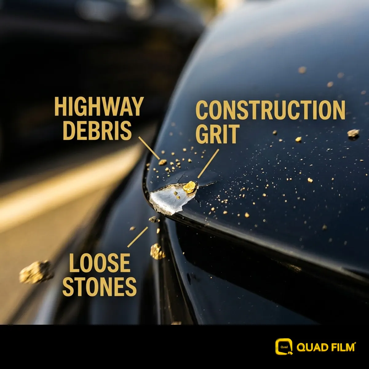 Illustration of road debris chipping a car front end on a Malaysian highway