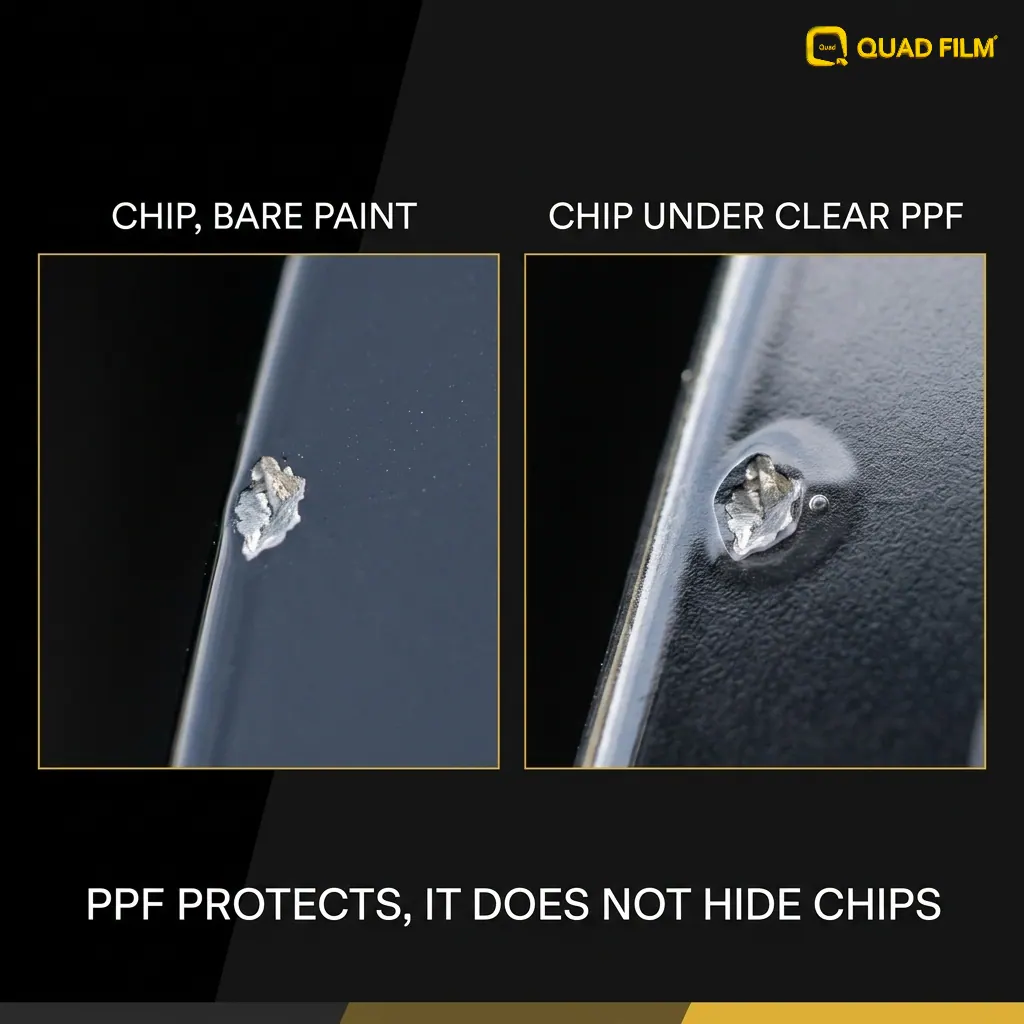 Comparison showing a stone chip still visible under clear PPF