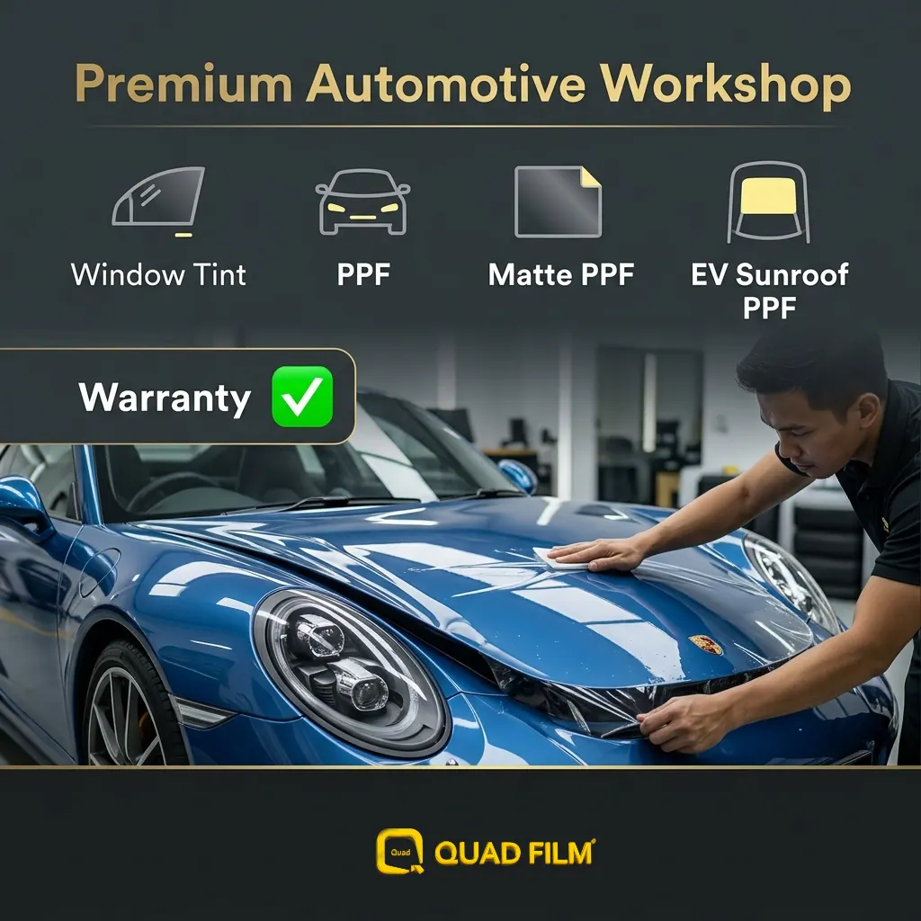 Infographic listing the five services at Quad Film Sunway: window tint, clear PPF, matte PPF, satin PPF and EV sunroof PPF.