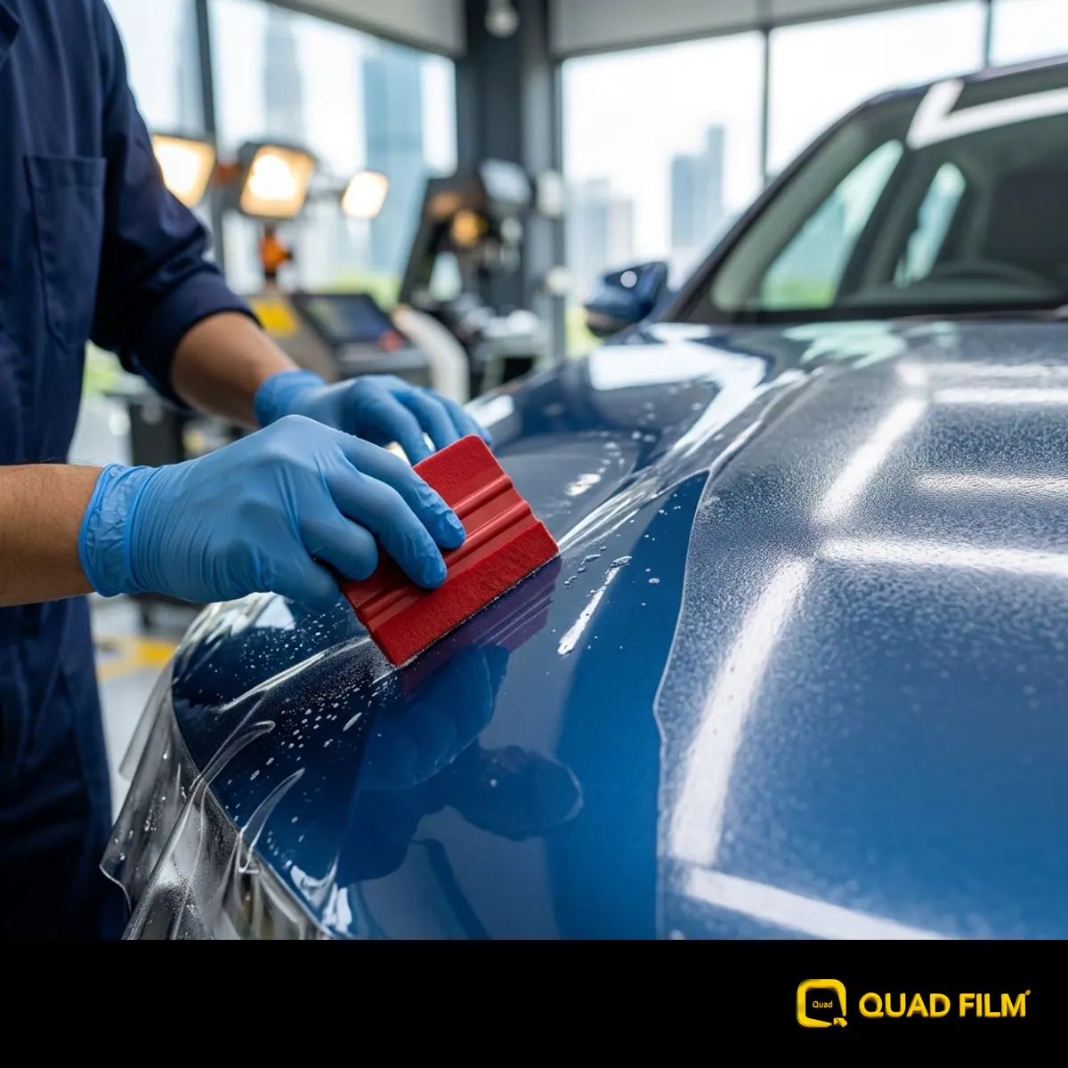 A close-up of a clear TPU paint protection film being meticulously applied to the bonnet of a premium electric vehicle in a modern Kuala Lumpur detailing studio