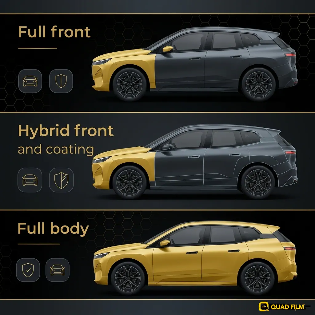 BMW iX3 PPF Malaysia coverage tiers compared, showing full front, hybrid and full body film zones on an electric SUV profile
