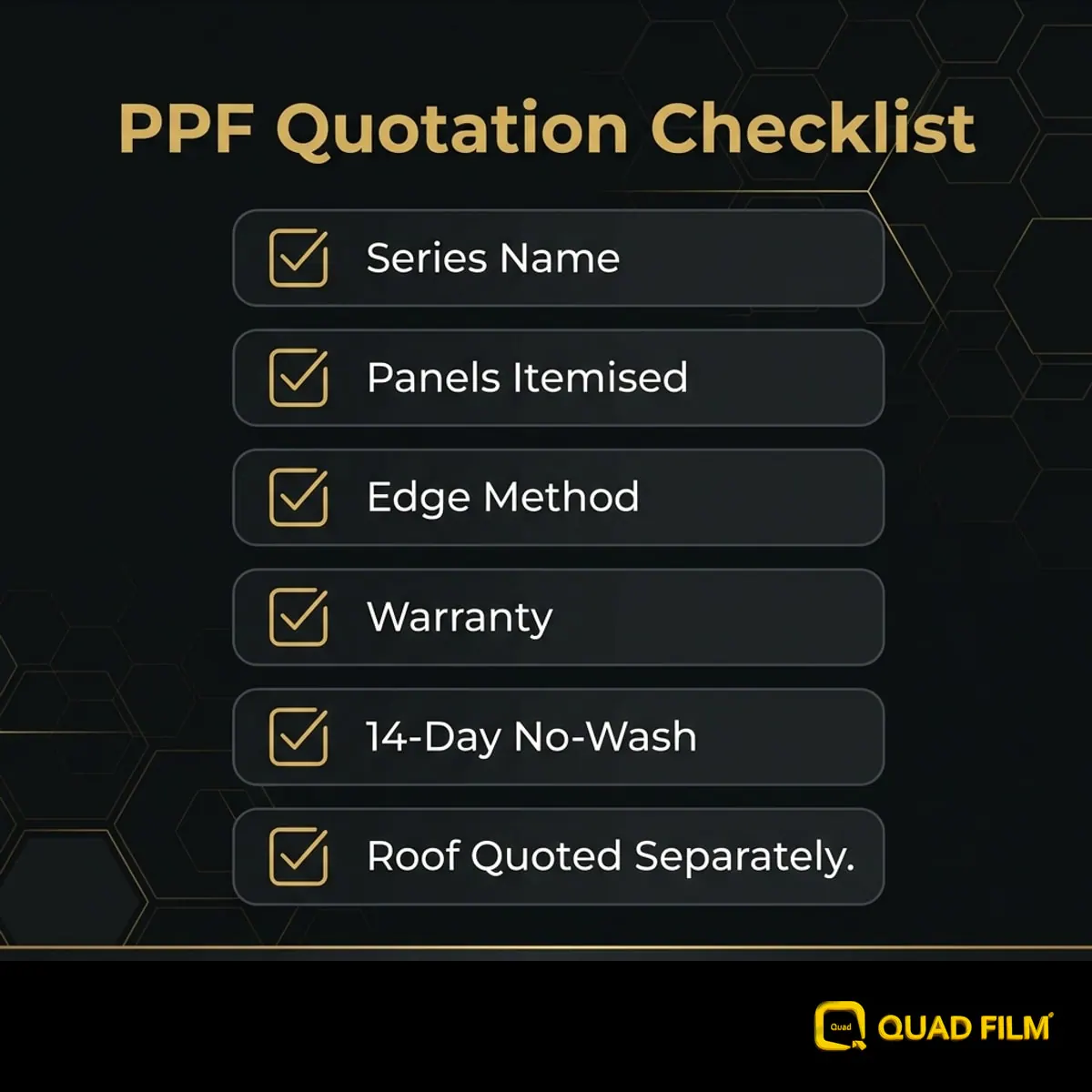 BMW iX3 PPF Malaysia quotation checklist listing the six lines an owner should confirm before paying a deposit