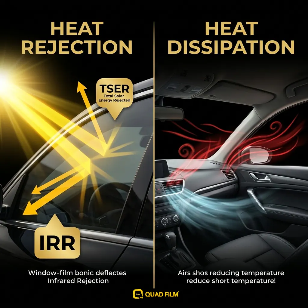 Diagram comparing heat rejection at the glass with heat dissipation from the cabin