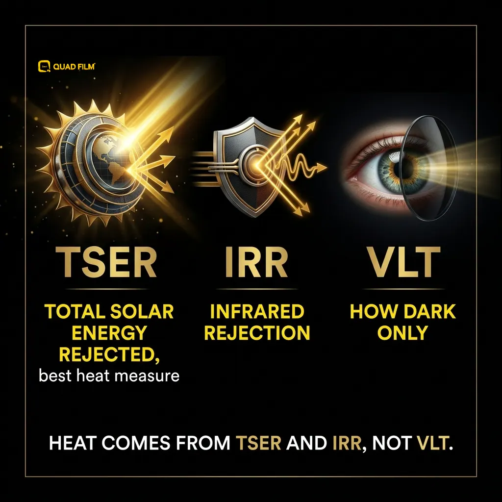Infographic explaining TSER, IRR and VLT for choosing heat-rejecting tint