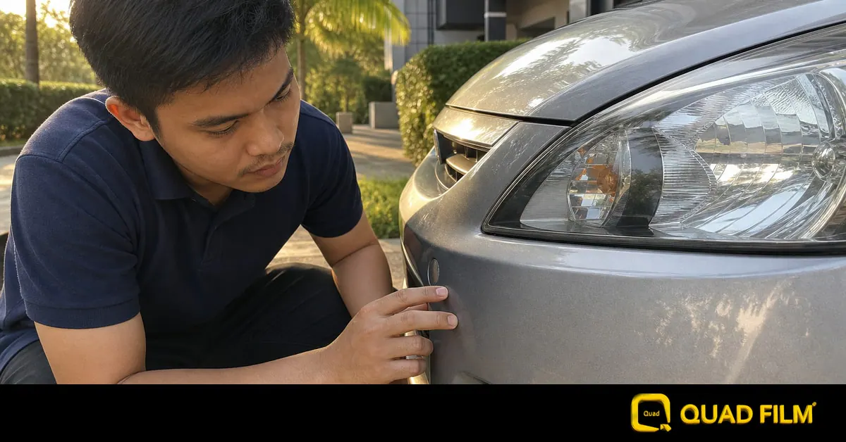 Malaysian first-time car owner inspecting his hatchback's front bumper in a condo driveway before getting PPF