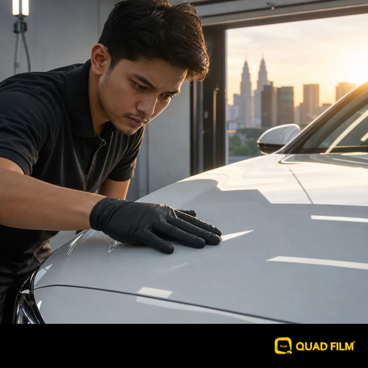 A young Malaysian man inspects the front bumper and bonnet of a white car protected with PPF in a professional KL workshop.