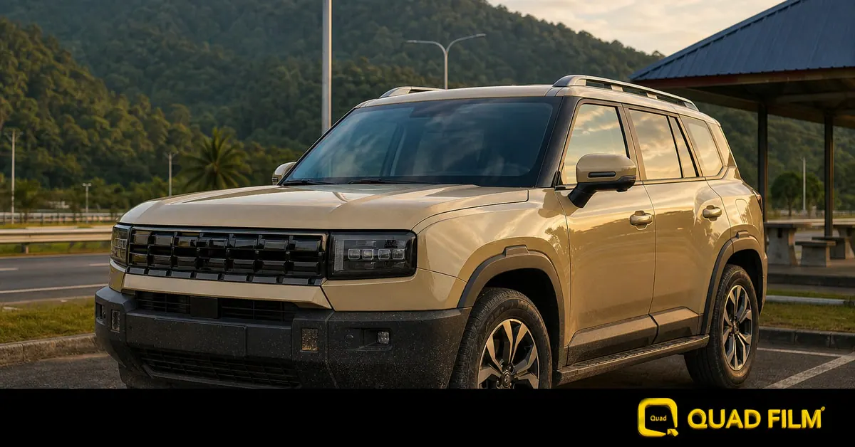 Jetour T1 PPF in Malaysia guide, showing the upright front end of a new SUV at a highway rest stop