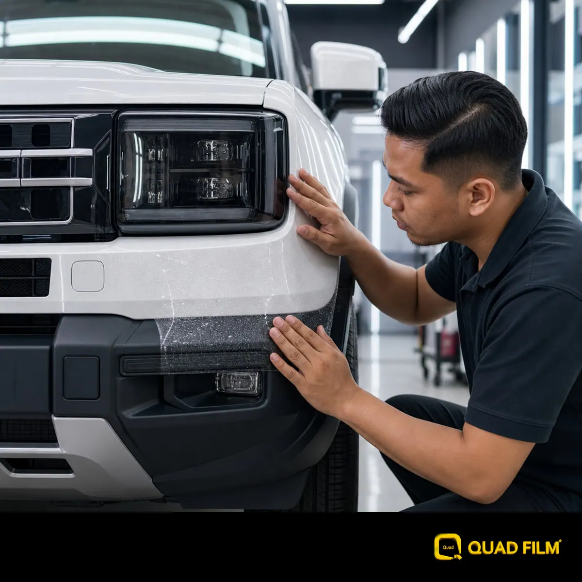 A close-up of a high-end white SUV's front bumper being inspected for paint protection film coverage in a Kuala Lumpur detailing shop.