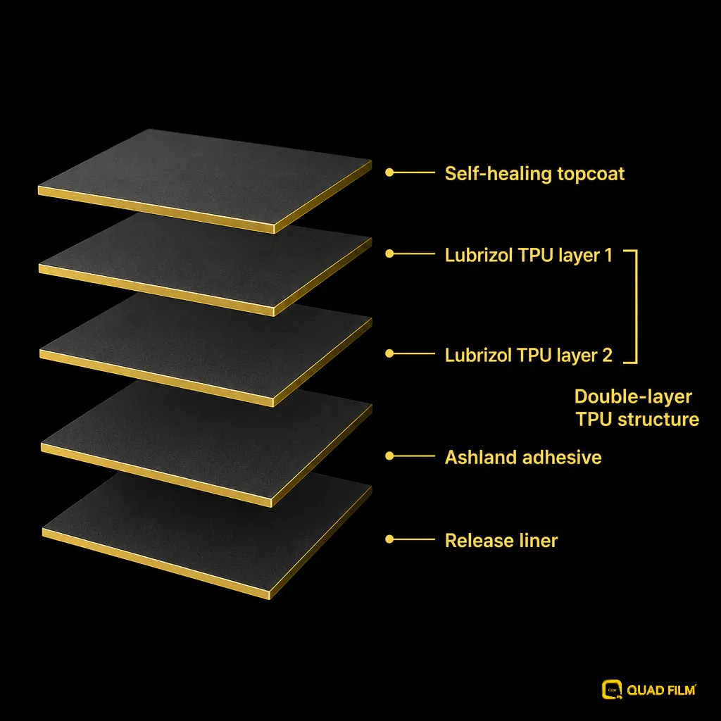 Paint protection film layer structure explained in a Jetour T1 PPF Malaysia guide, topcoat, TPU core and adhesive