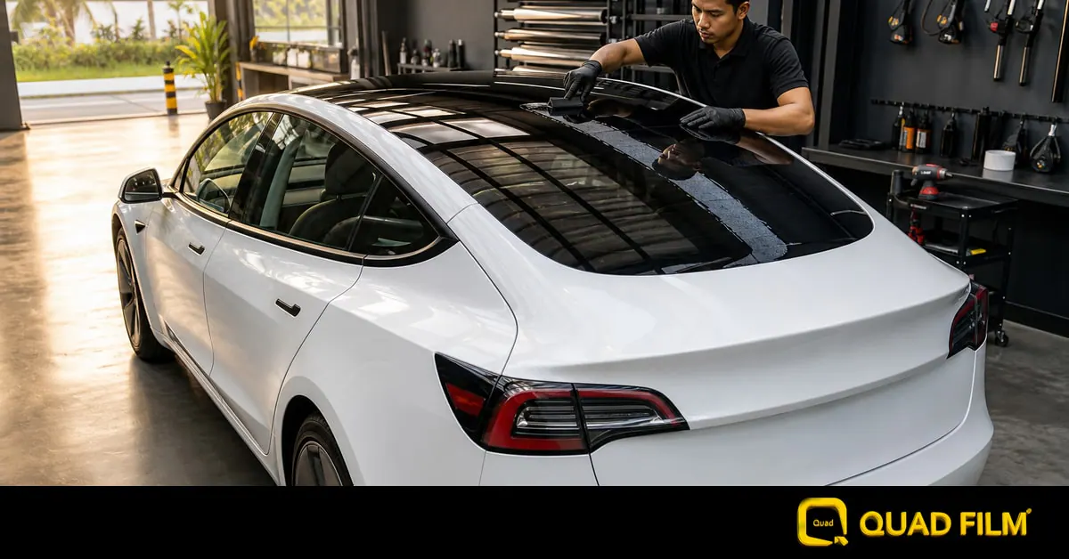 Rear three-quarter view of a white Tesla Model 3 showing the glass roof and rear screen as one continuous panel.