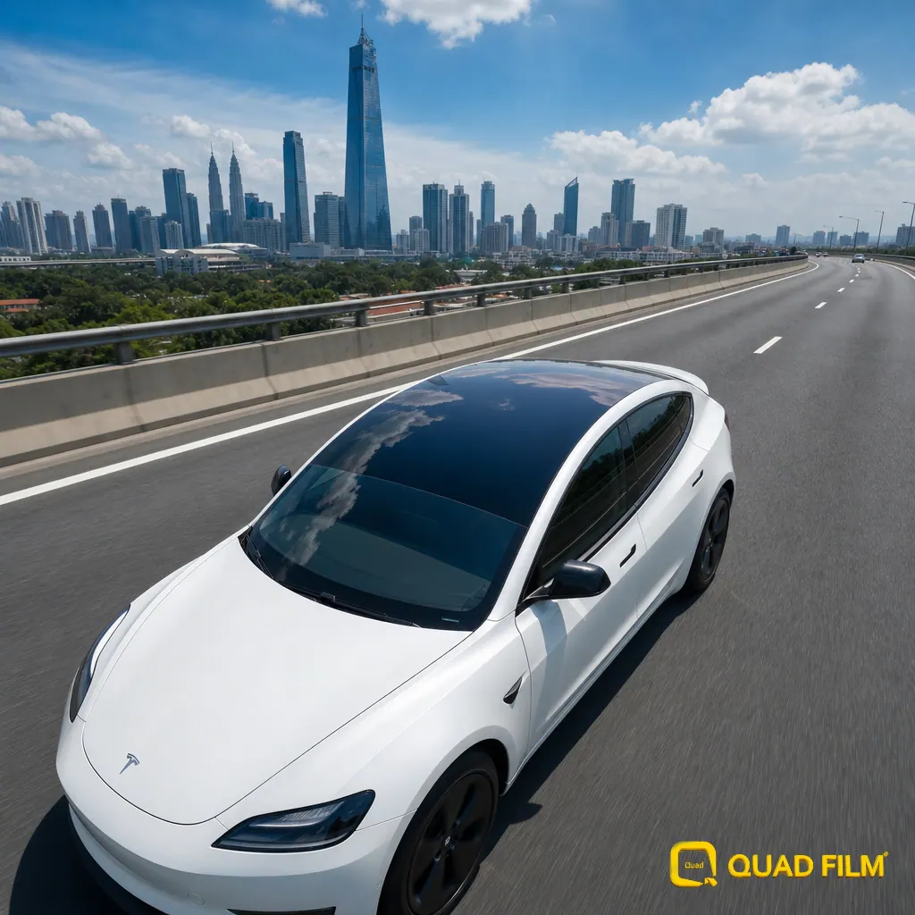 High-angle shot showing the expansive panoramic glass roof of a Tesla Model 3 on a Kuala Lumpur highway.