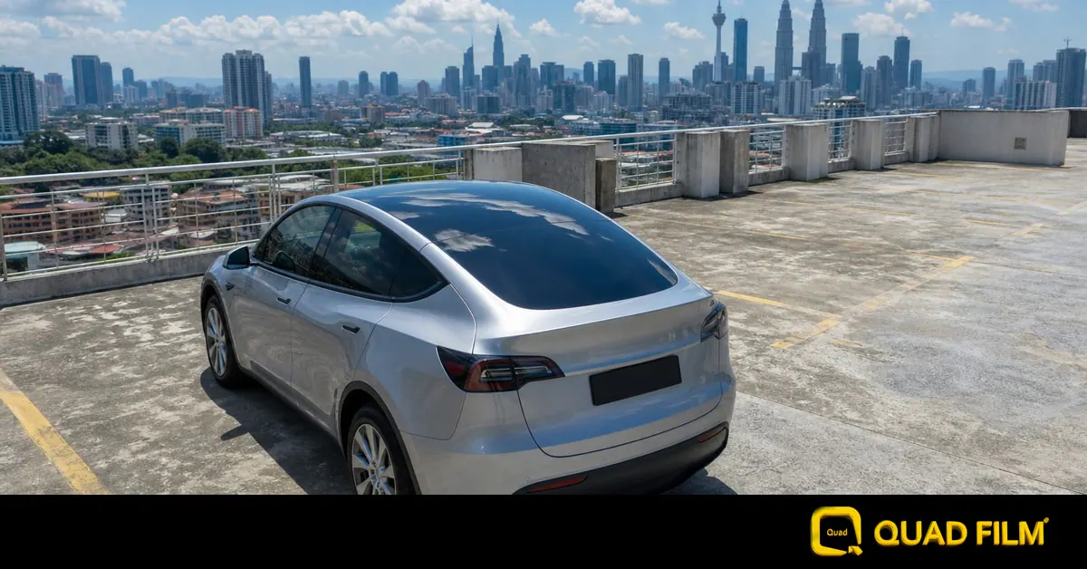 Silver electric SUV with a full panoramic glass roof parked under midday sun on a Kuala Lumpur mall rooftop carpark