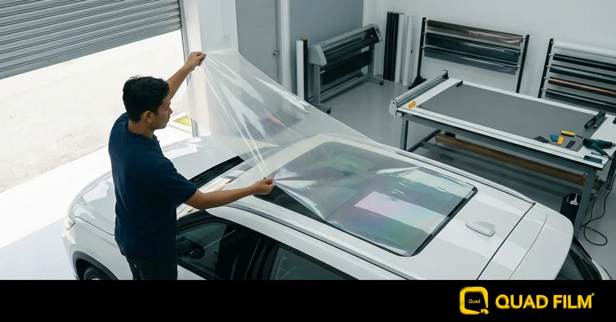 Jaecoo J7 window tint being lifted into position across a large panoramic glass roof panel in a film bay.