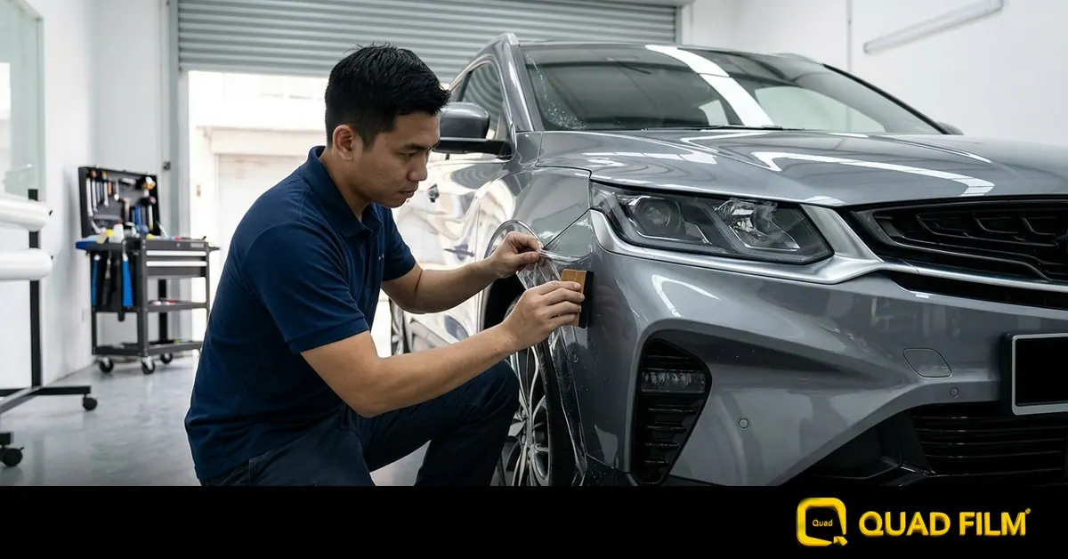 Proton X50 PPF being eased around a front bumper corner by a technician in a professional installation bay.