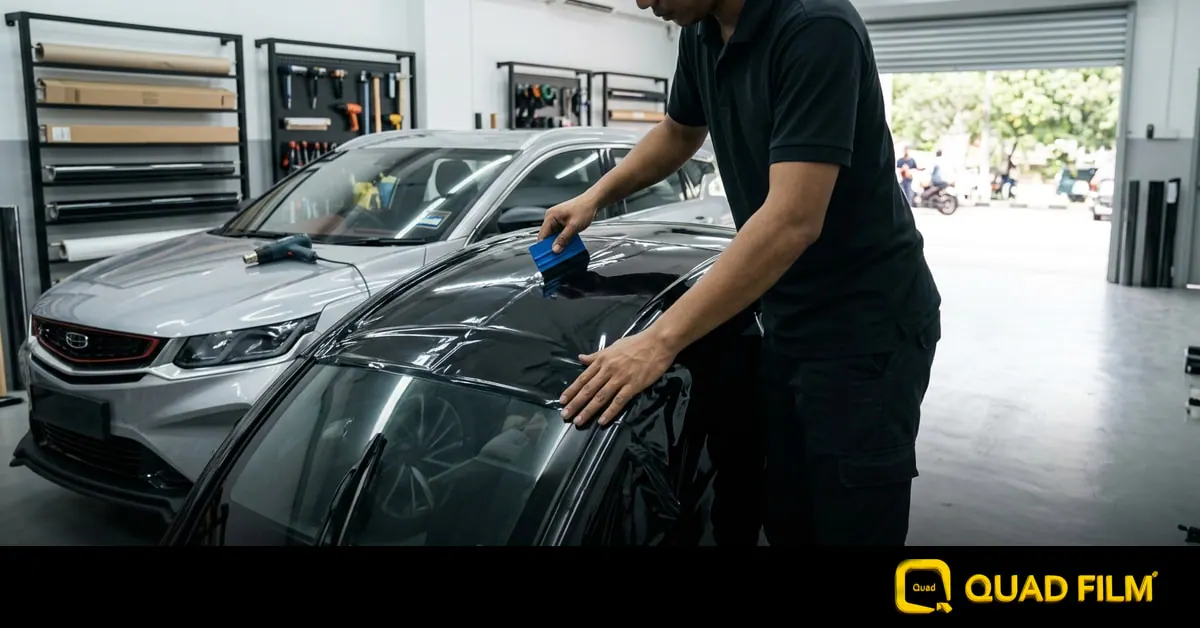 Proton X50 window tint work in progress on a large glass roof panel inside a professional film bay.