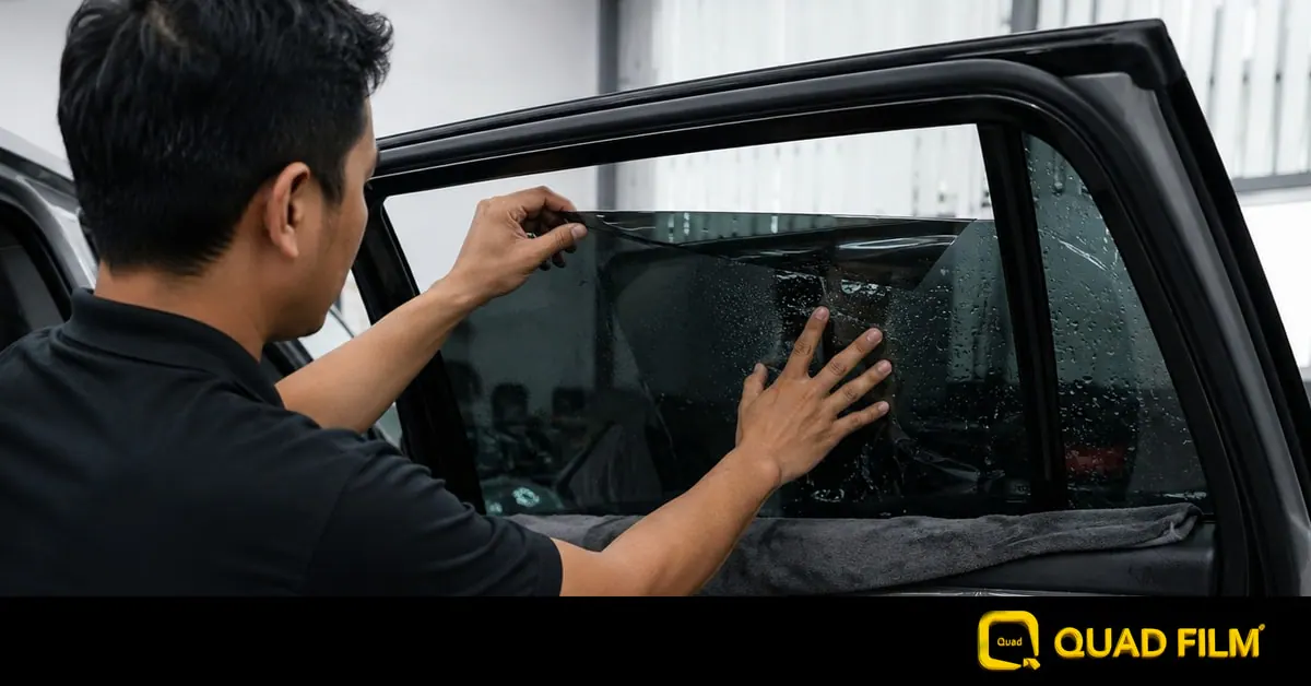 Installer protecting the interior while fitting window tint.