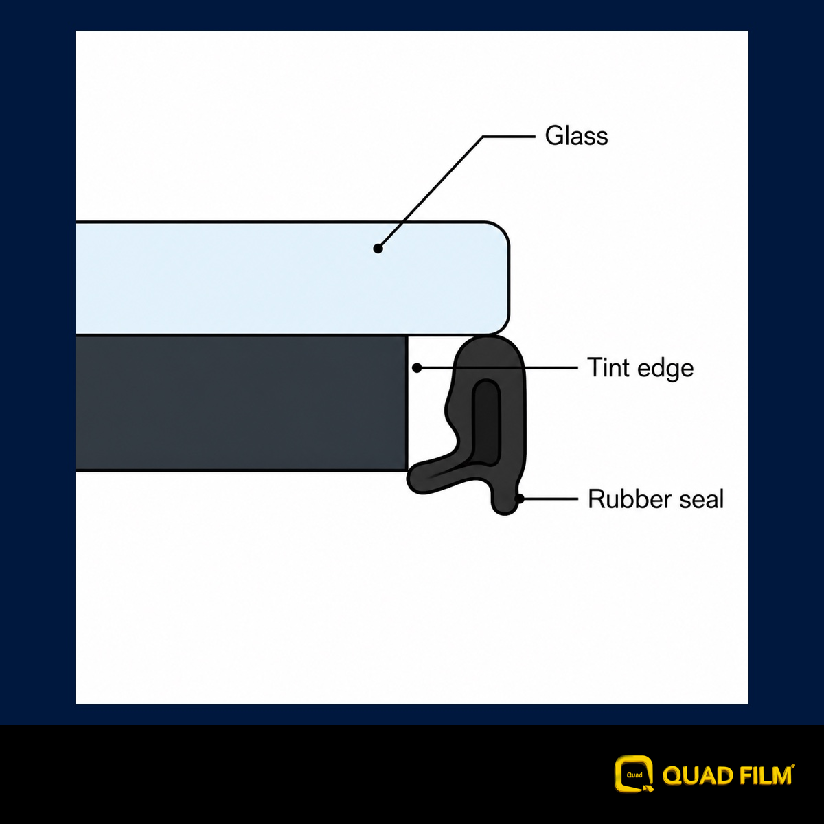 Tint ending below the glass edge near the rubber seal.