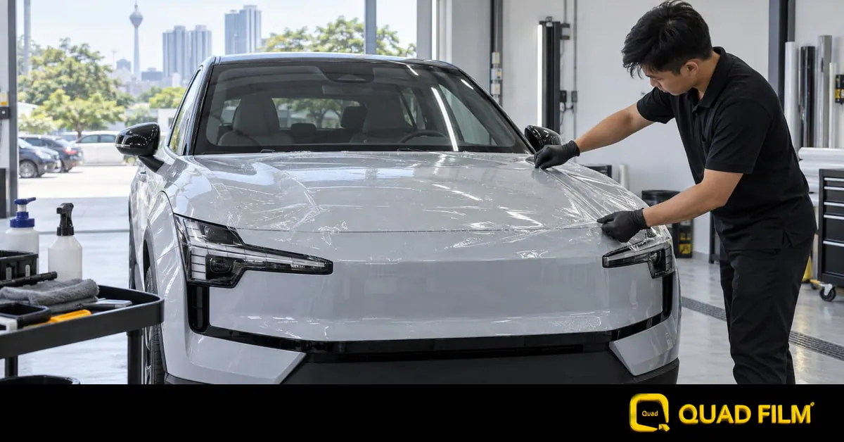 Clear PPF being aligned on a Volvo EX30 bonnet in a professional Malaysian installation bay.
