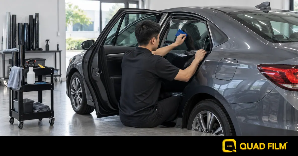 Technician comparing window tint samples beside a sedan in a Malaysian workshop