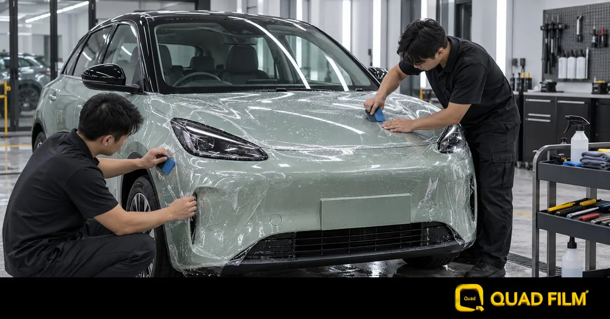 Illustrative Proton eMAS 5 workshop scene with technicians applying clear PPF to the bonnet and front bumper