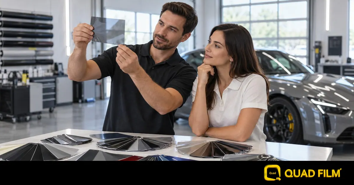 Consultant comparing a physical colour PPF swatch beside an illustrative Honda Civic while a customer holds a phone