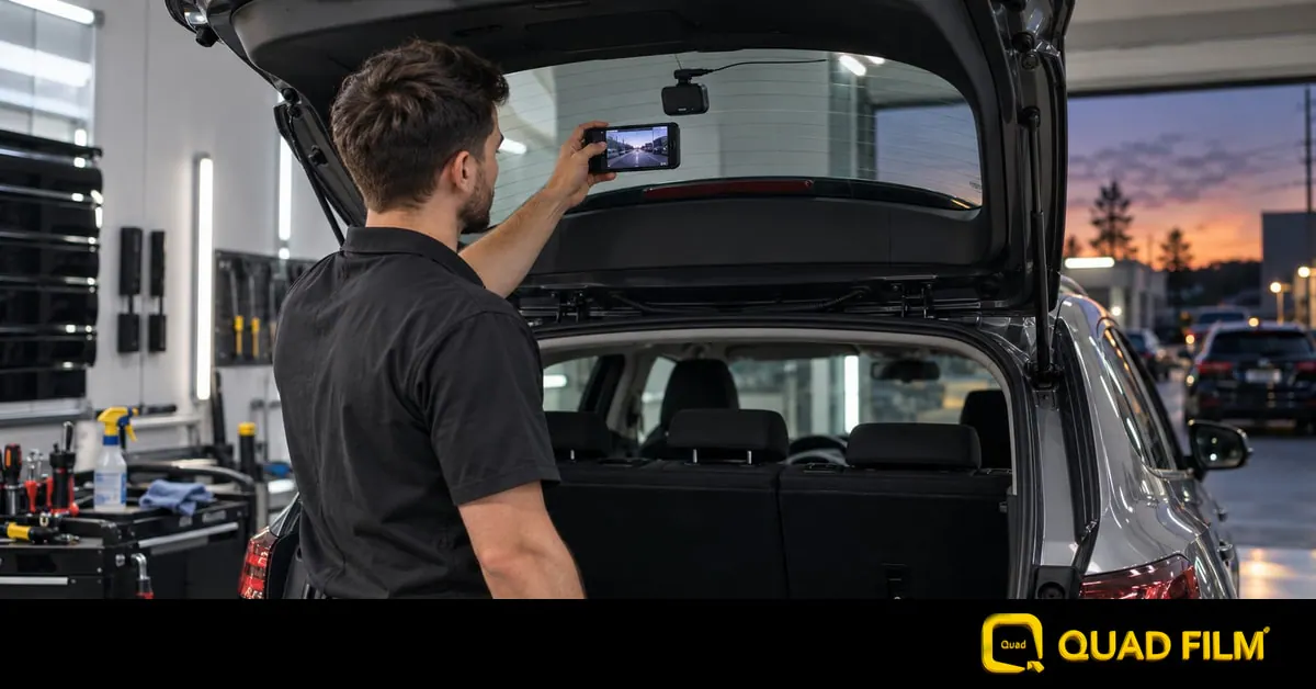 Rear dashcam mounted behind dark tinted rear glass being checked after a tint installation