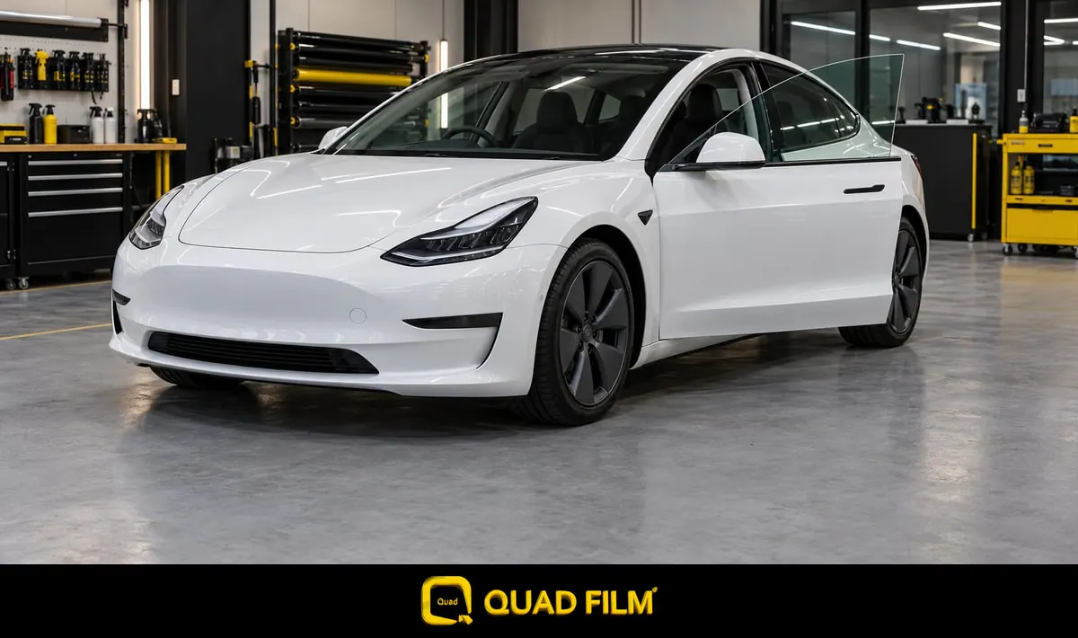 Illustrative Tesla Model 3 with an open frameless door inside a tint workshop.