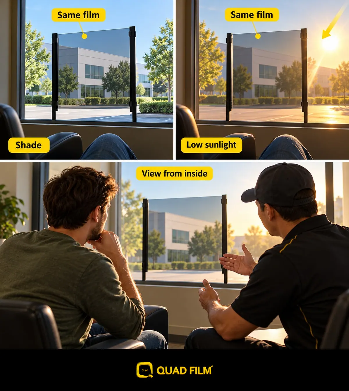 Comparing the view through a fitted tint sample in shade and low sunlight.