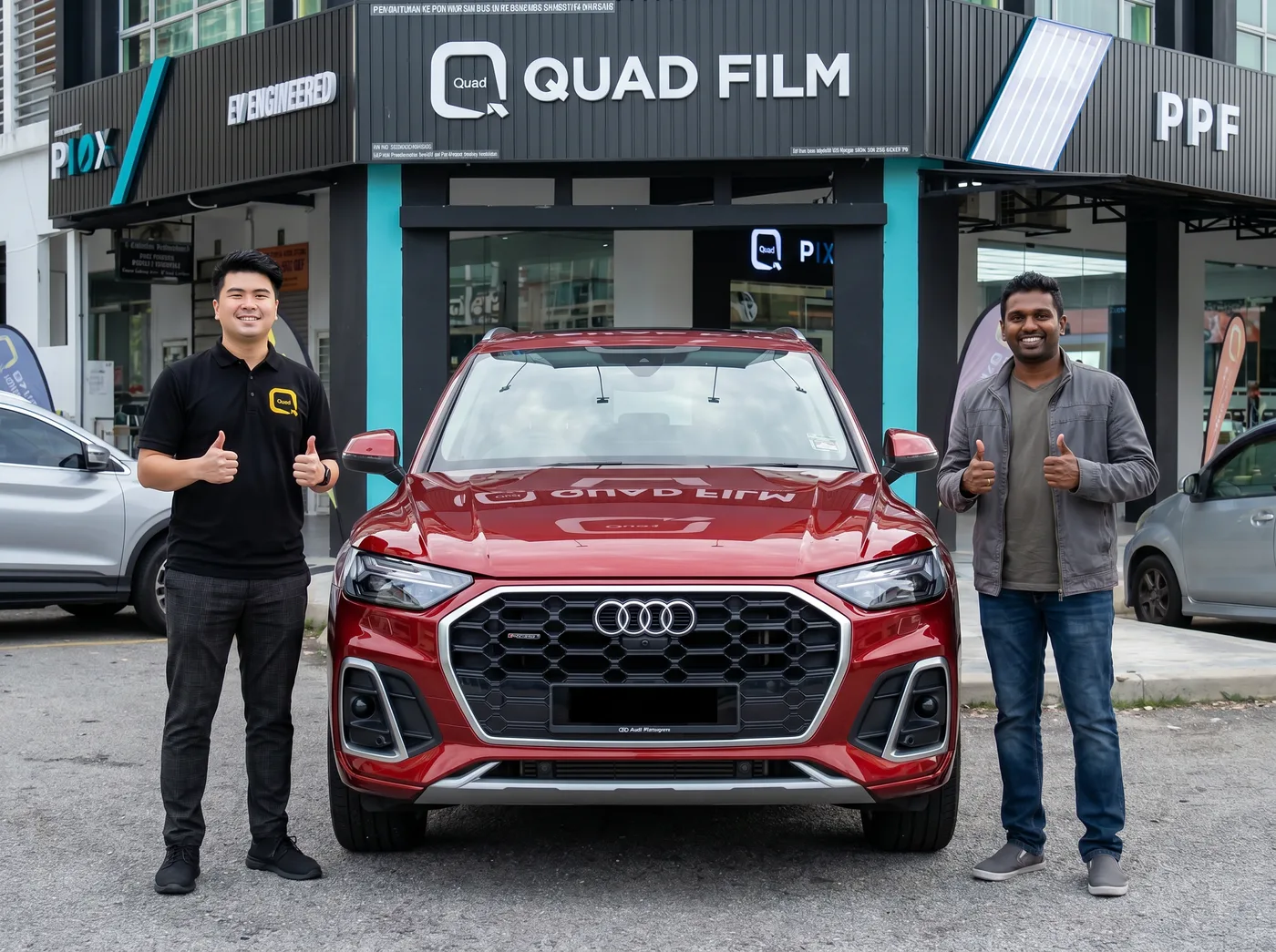 Pasukan Quad Film bersama pemilik Audi Q5 selepas pemasangan PPF