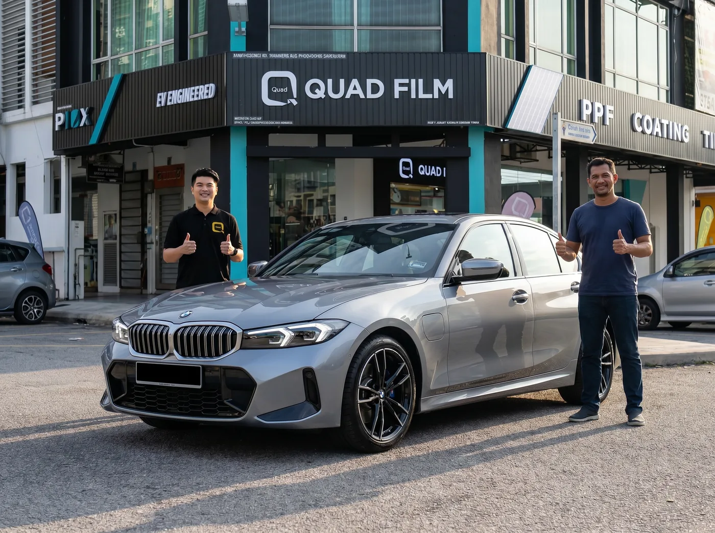 Pasukan Quad Film bersama pemilik BMW 3 Series selepas pemasangan PPF