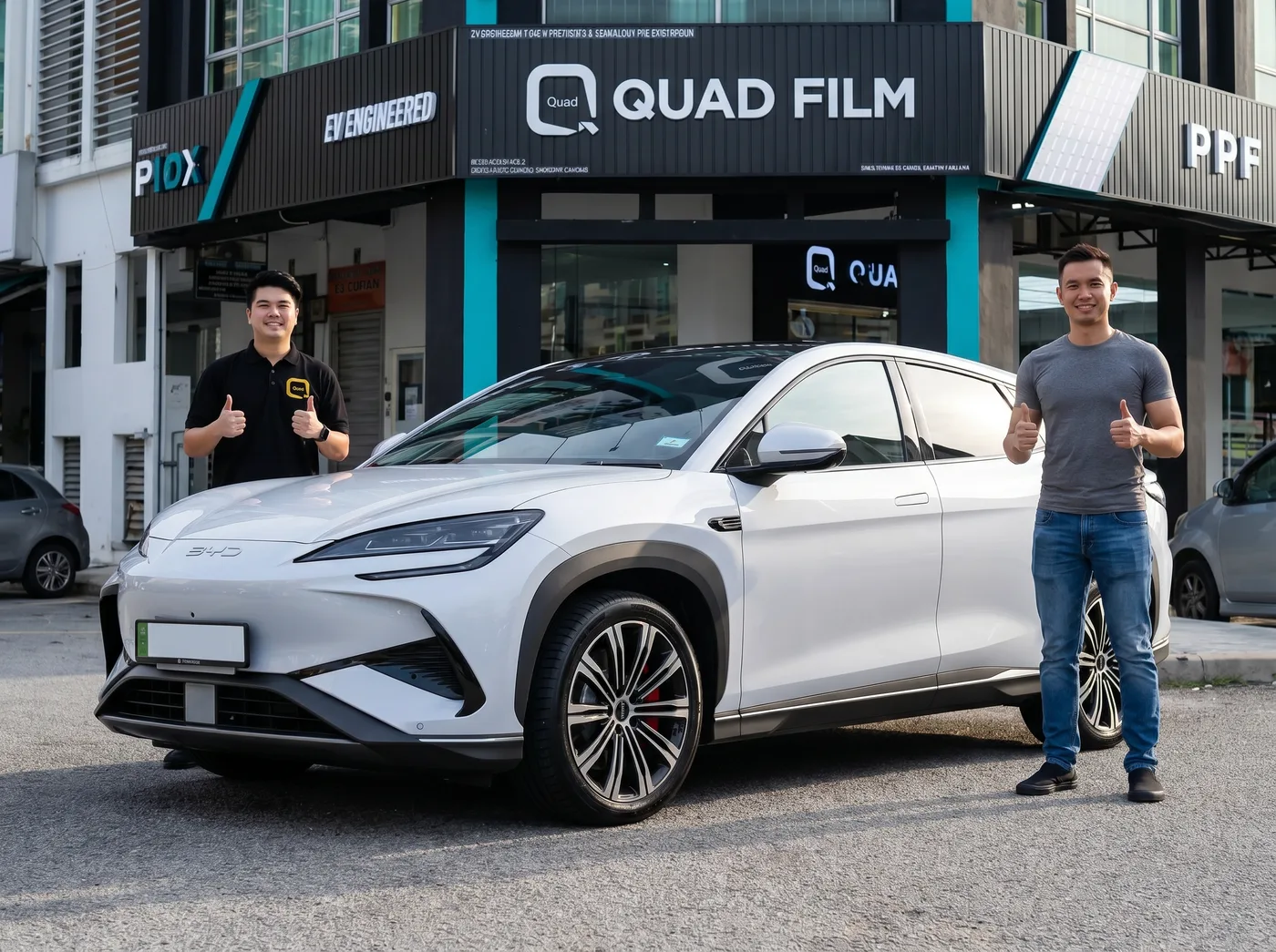 Pasukan Quad Film bersama pemilik BYD Sealion 7 selepas pemasangan PPF