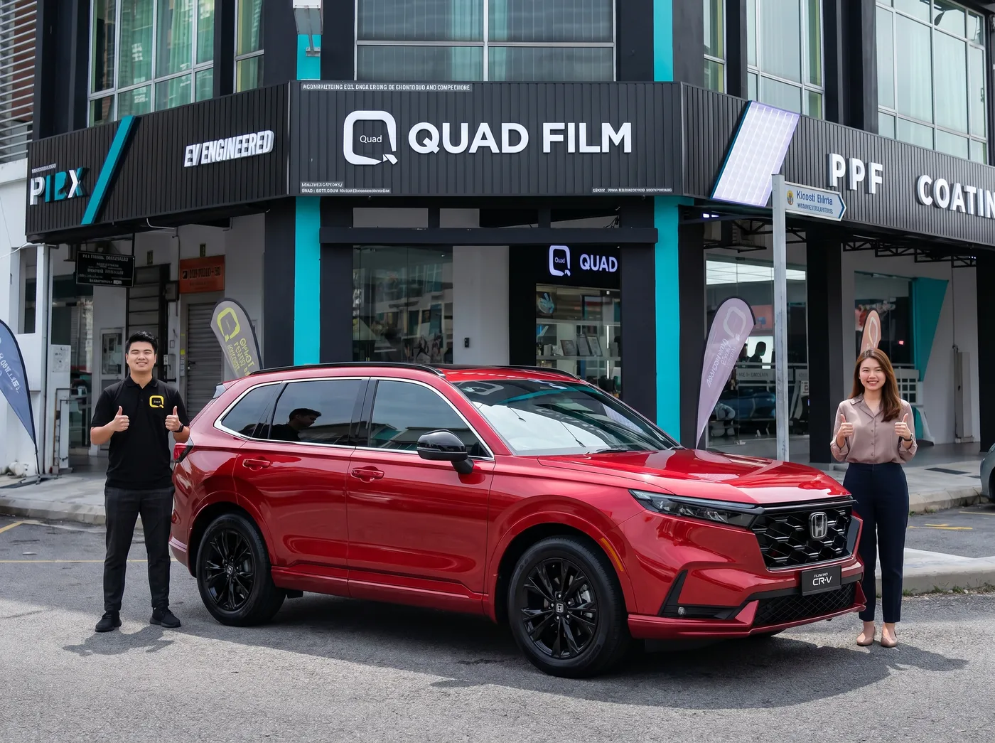Pasukan Quad Film bersama pemilik Honda CR-V selepas pemasangan PPF